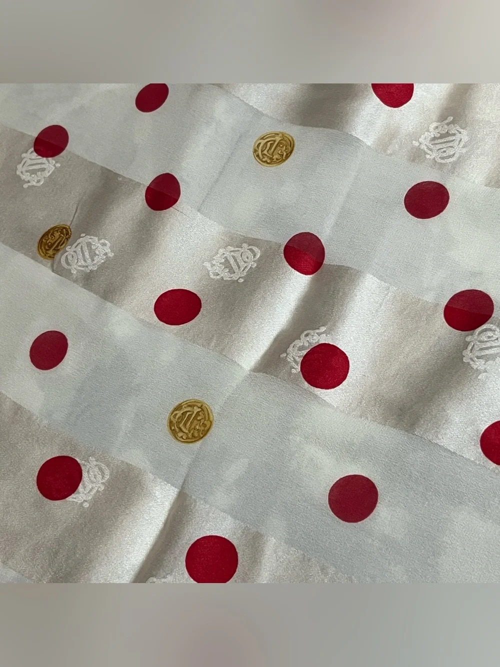 Dior Vintage Silk Chiffon Scarf Red Gold Polka Dot Crown Filigree Jacquard 32